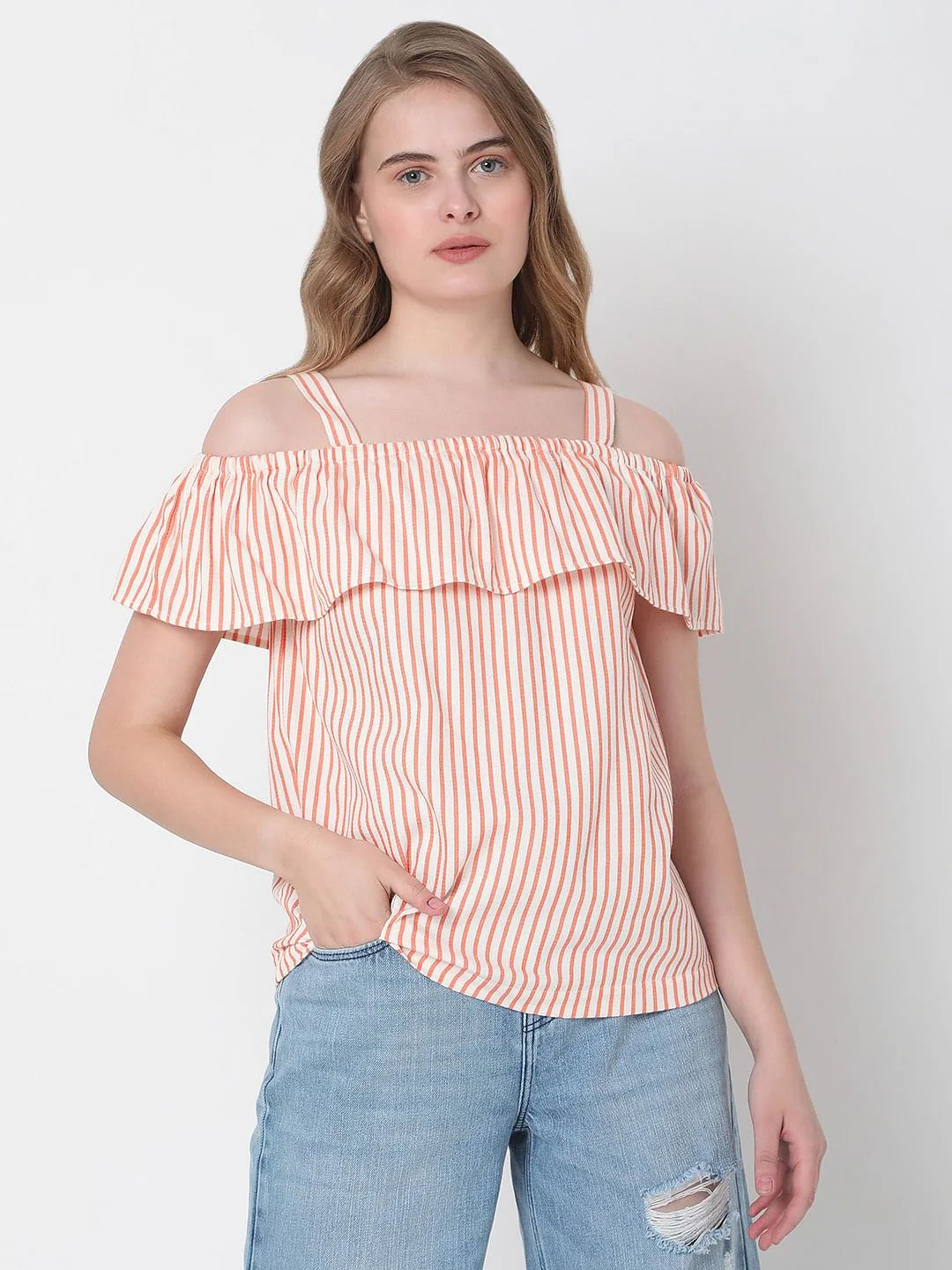 White Striped Off-Shoulder Co-Ord Set Top - Image 2