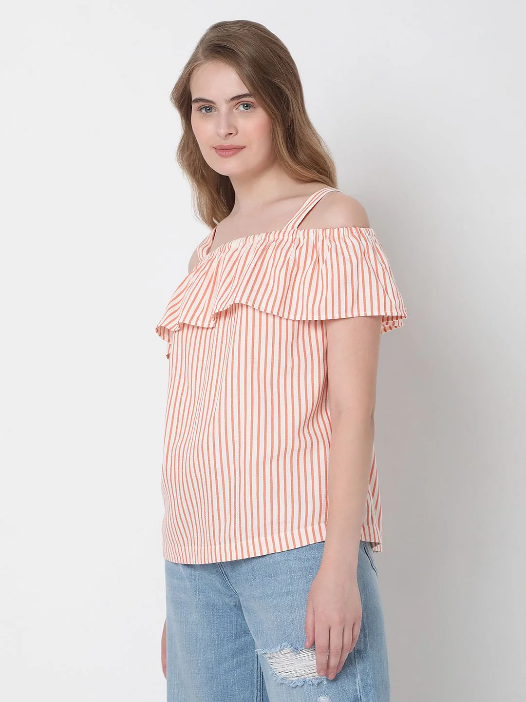 White Striped Off-Shoulder Co-Ord Set Top - Image 3