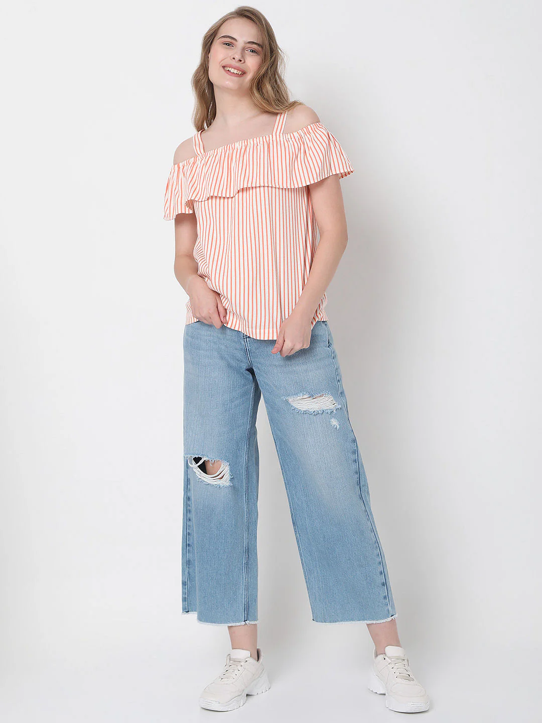 White Striped Off-Shoulder Co-Ord Set Top - Image 5
