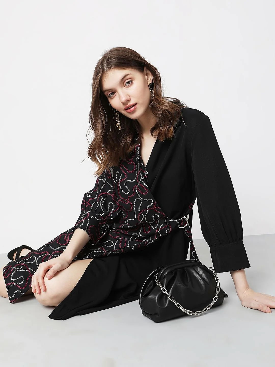 Black Printed Wrap Shirt Dress