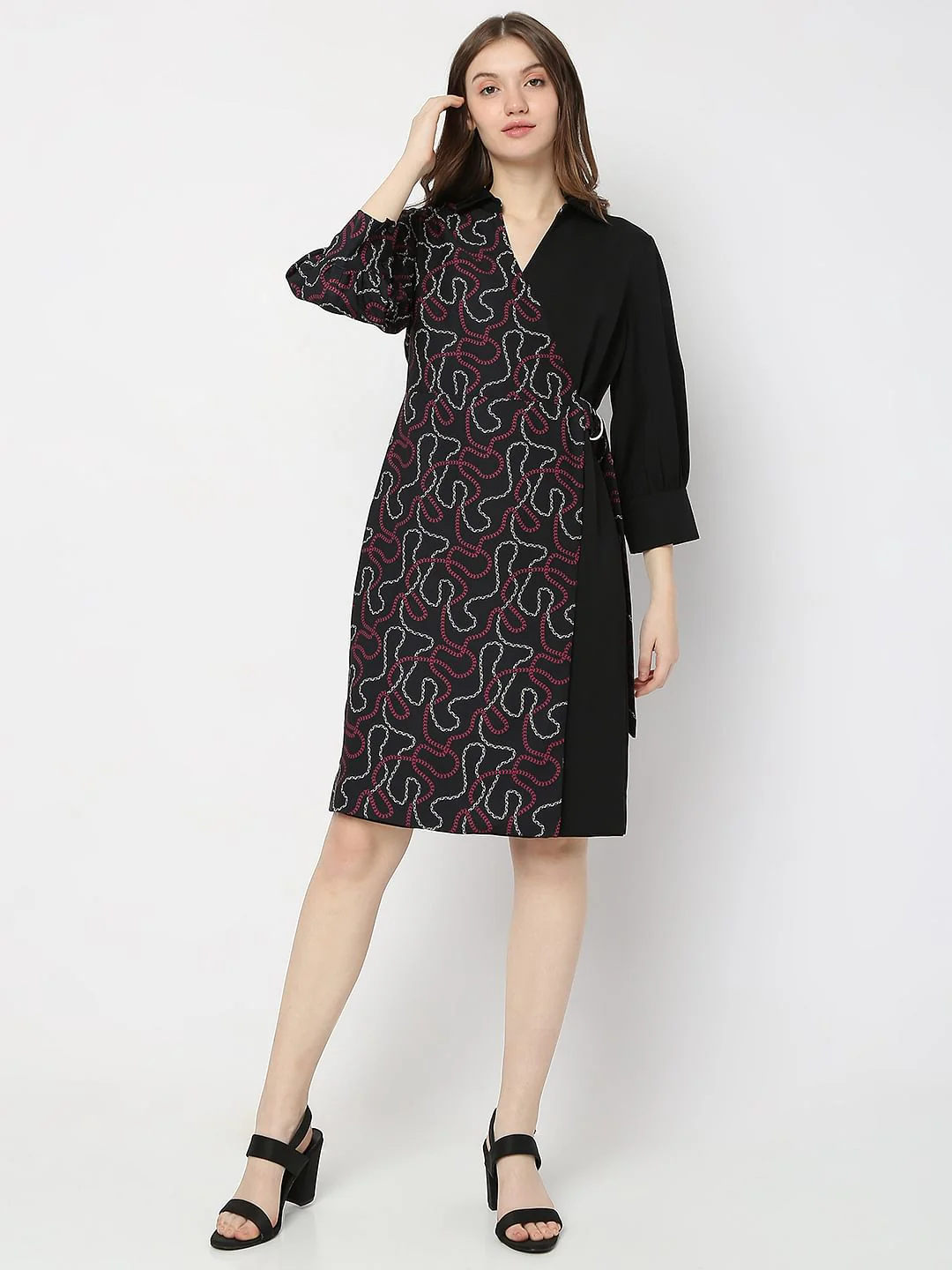 Black Printed Wrap Shirt Dress - Image 2