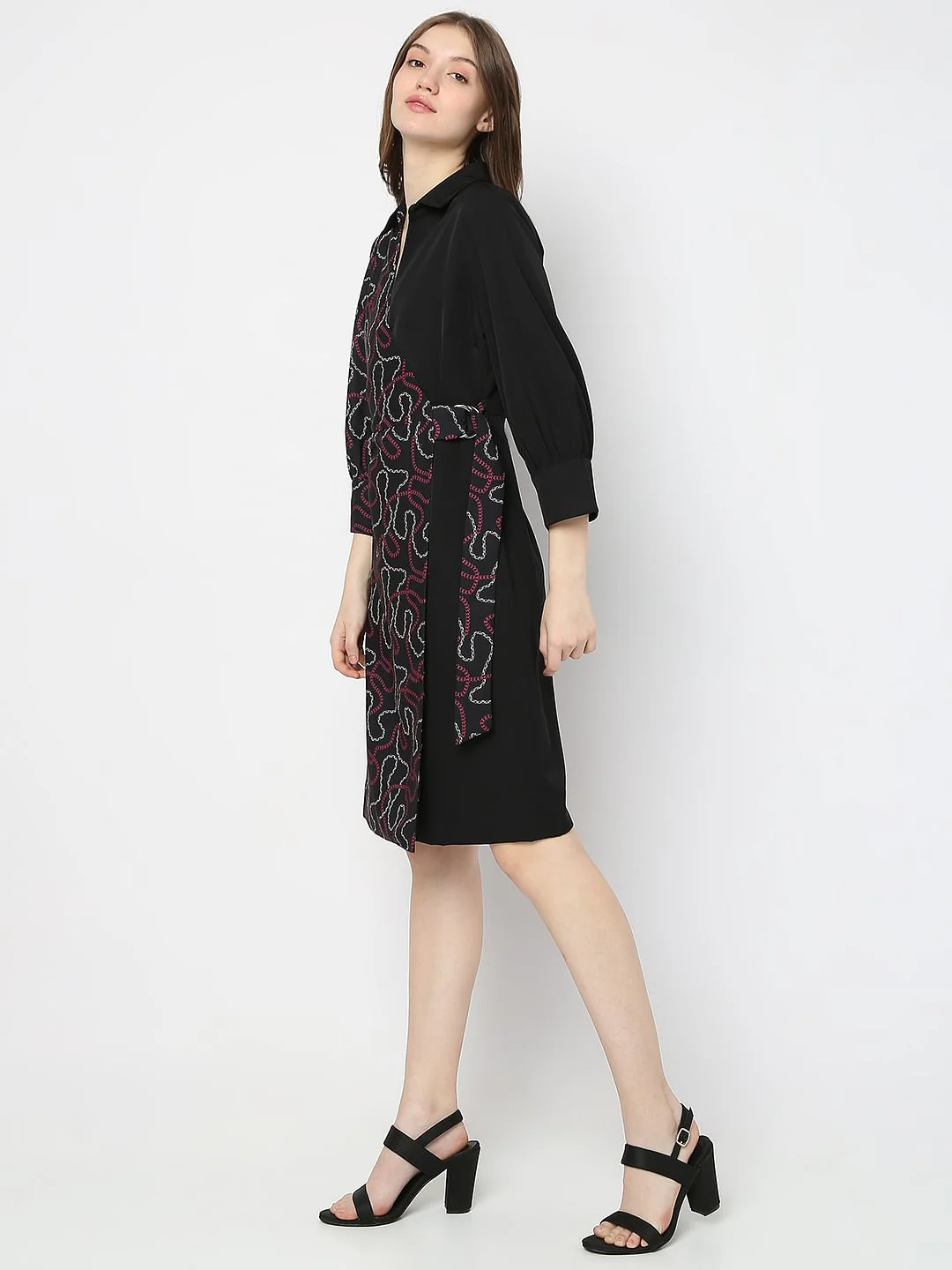 Black Printed Wrap Shirt Dress - Image 3