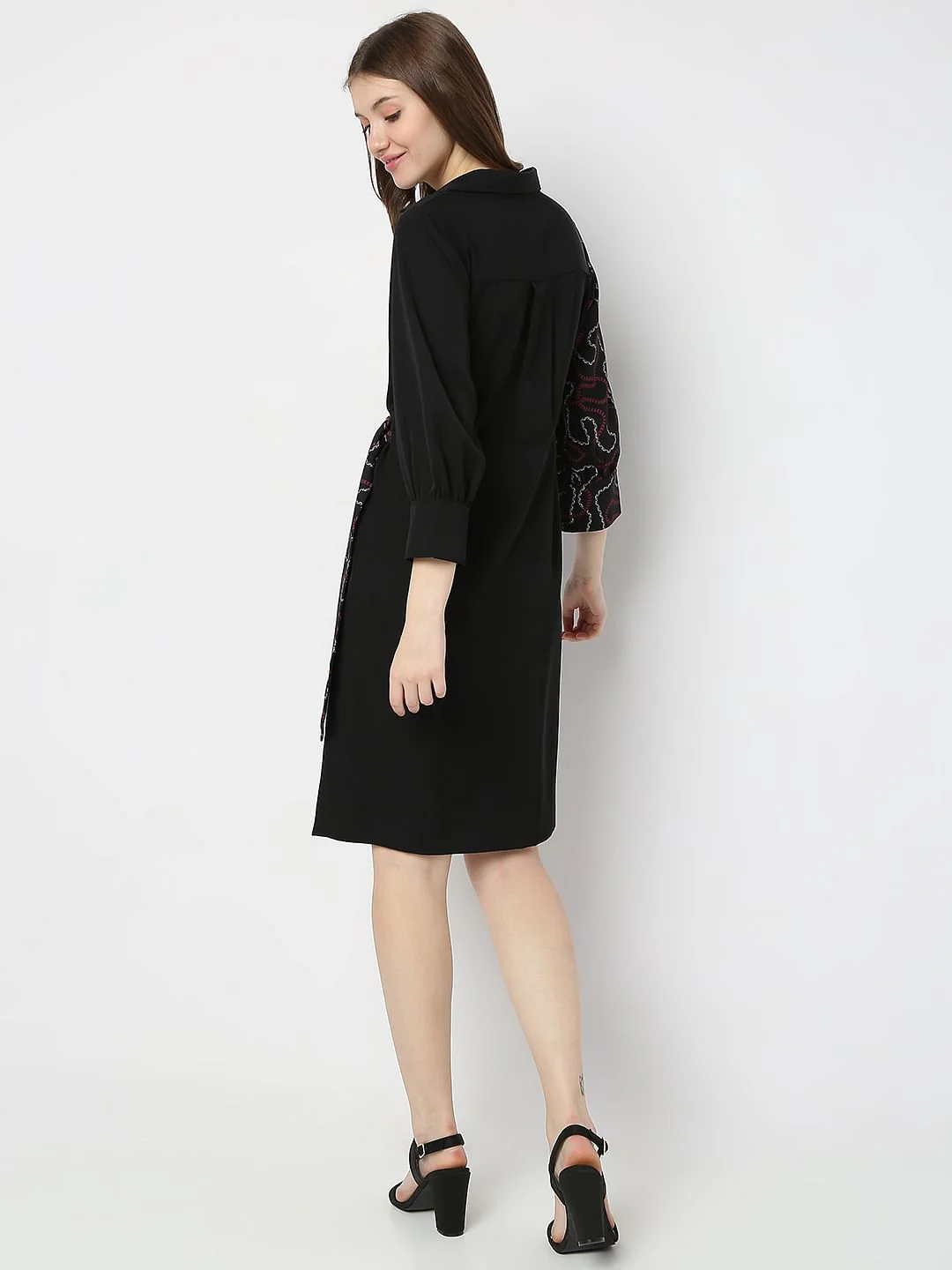 Black Printed Wrap Shirt Dress - Image 4