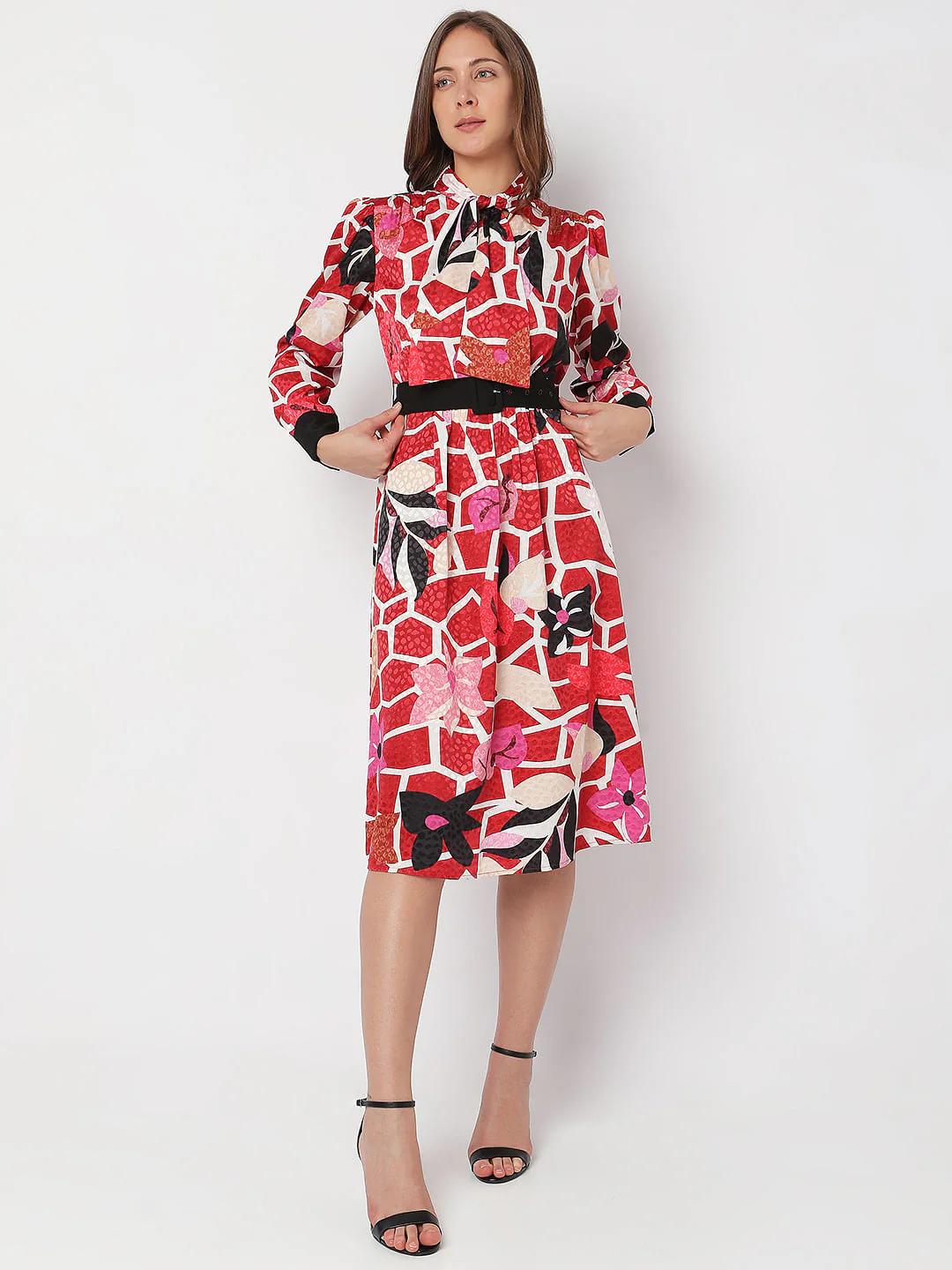 Red Floral Printed Midi Dress - Image 2