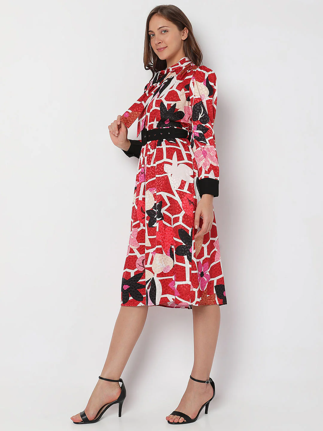 Red Floral Printed Midi Dress - Image 3