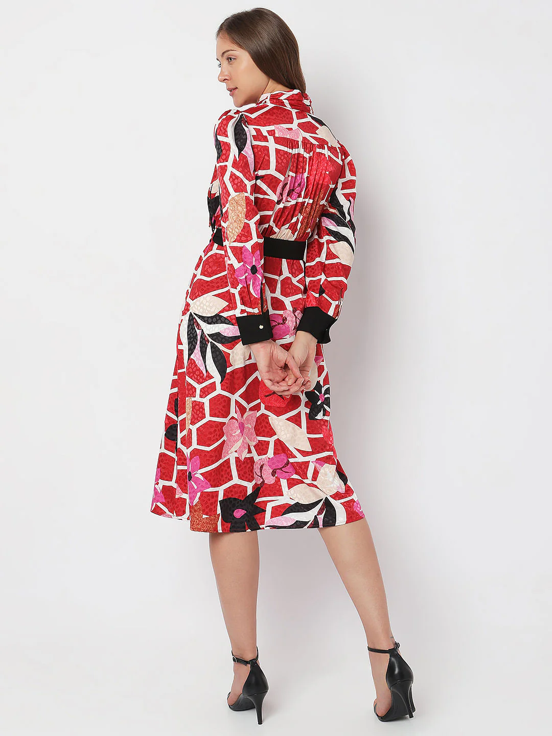 Red Floral Printed Midi Dress - Image 4