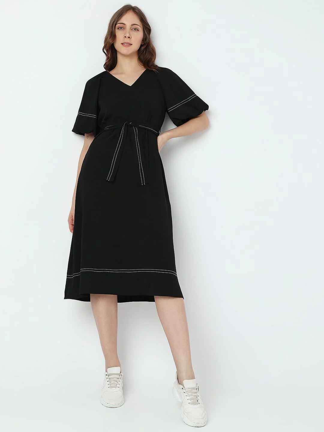 Black Contrast Thread Detail Dress - Image 2