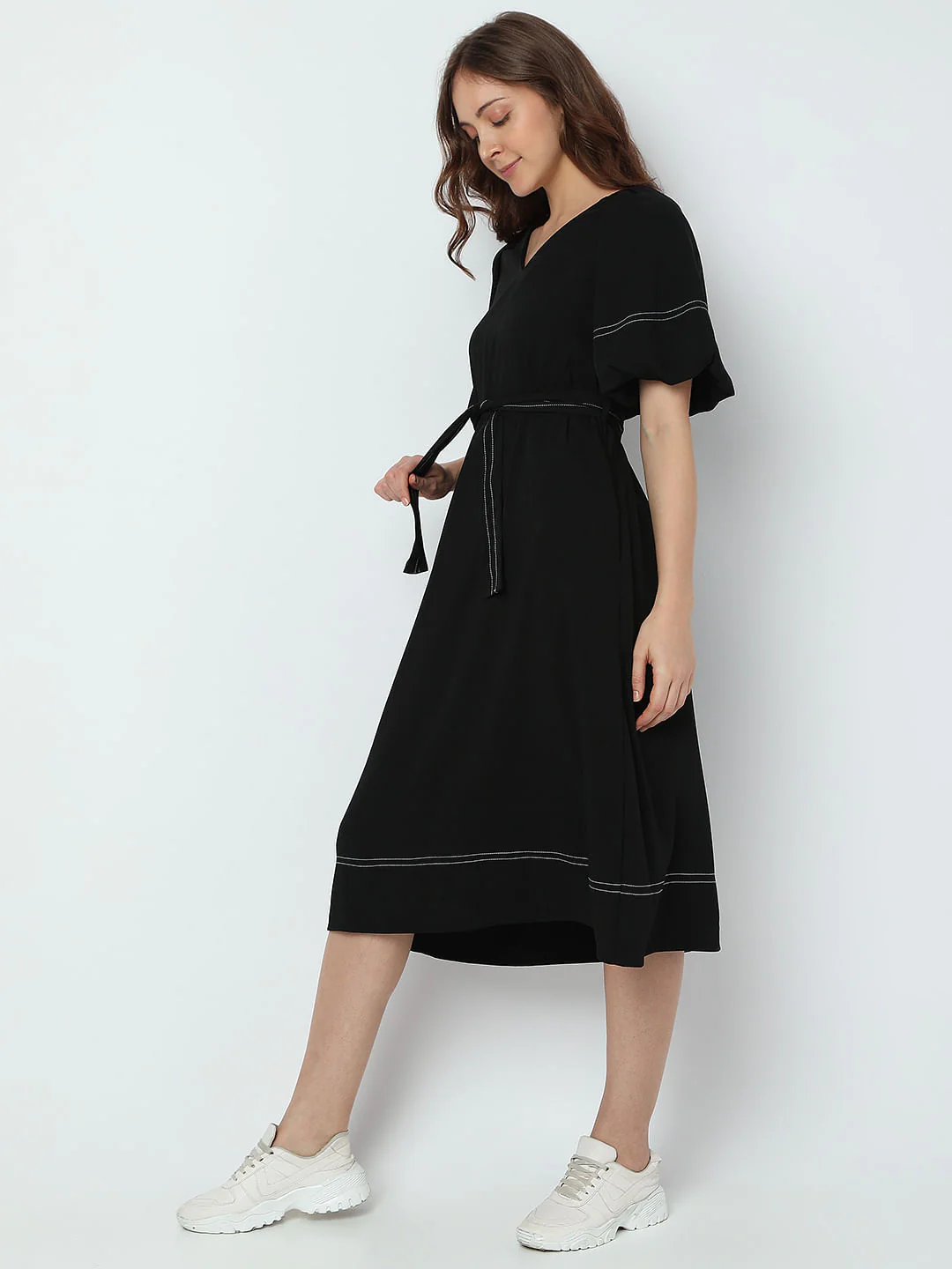 Black Contrast Thread Detail Dress - Image 3