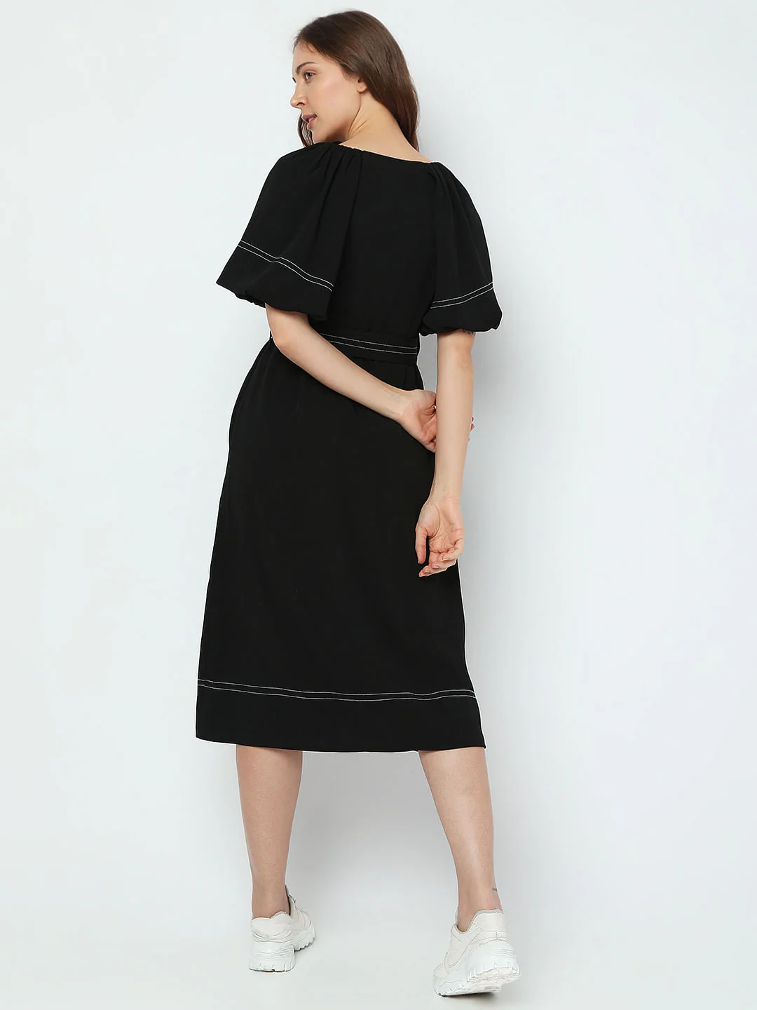 Black Contrast Thread Detail Dress - Image 4