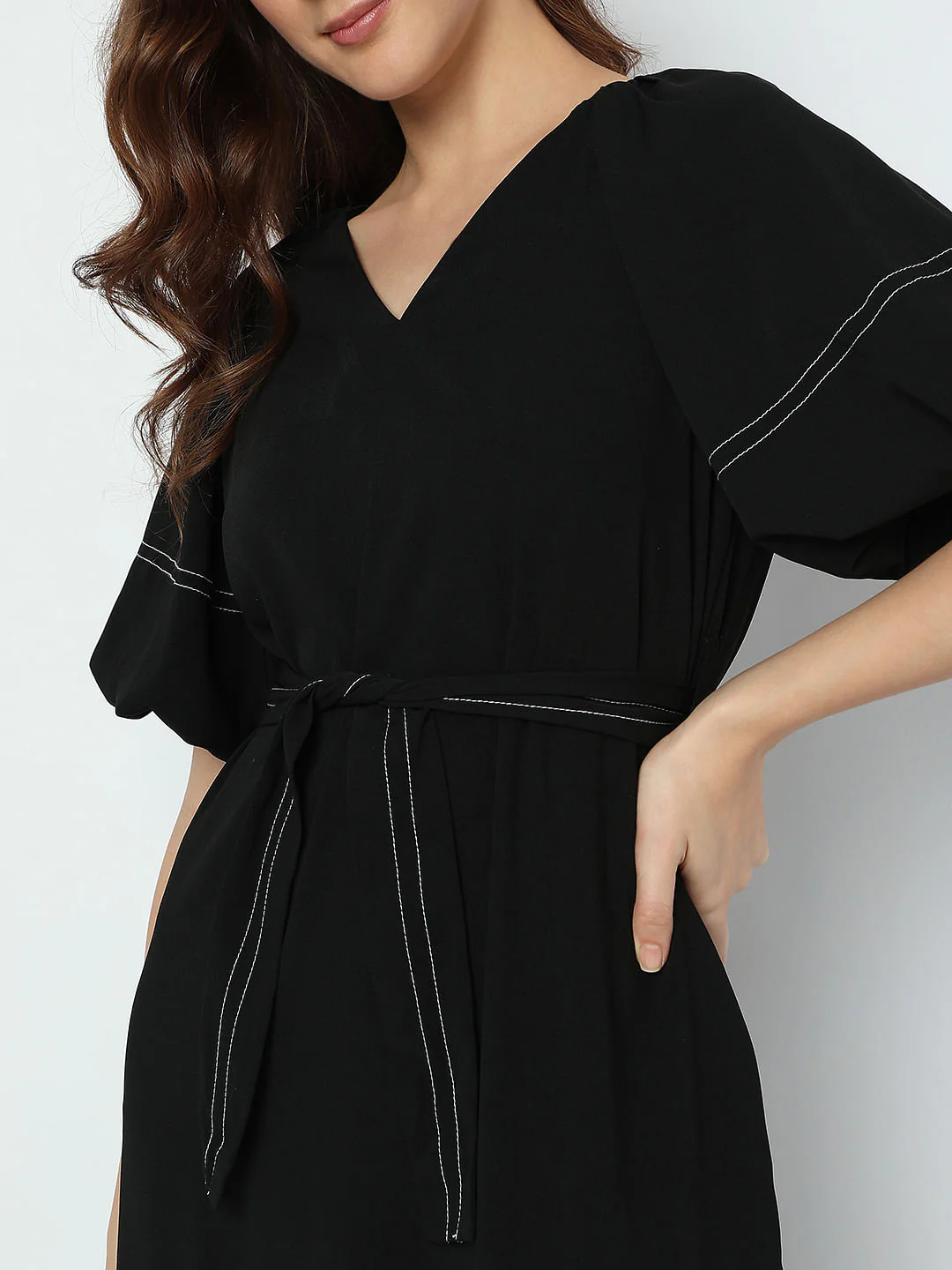 Black Contrast Thread Detail Dress - Image 5