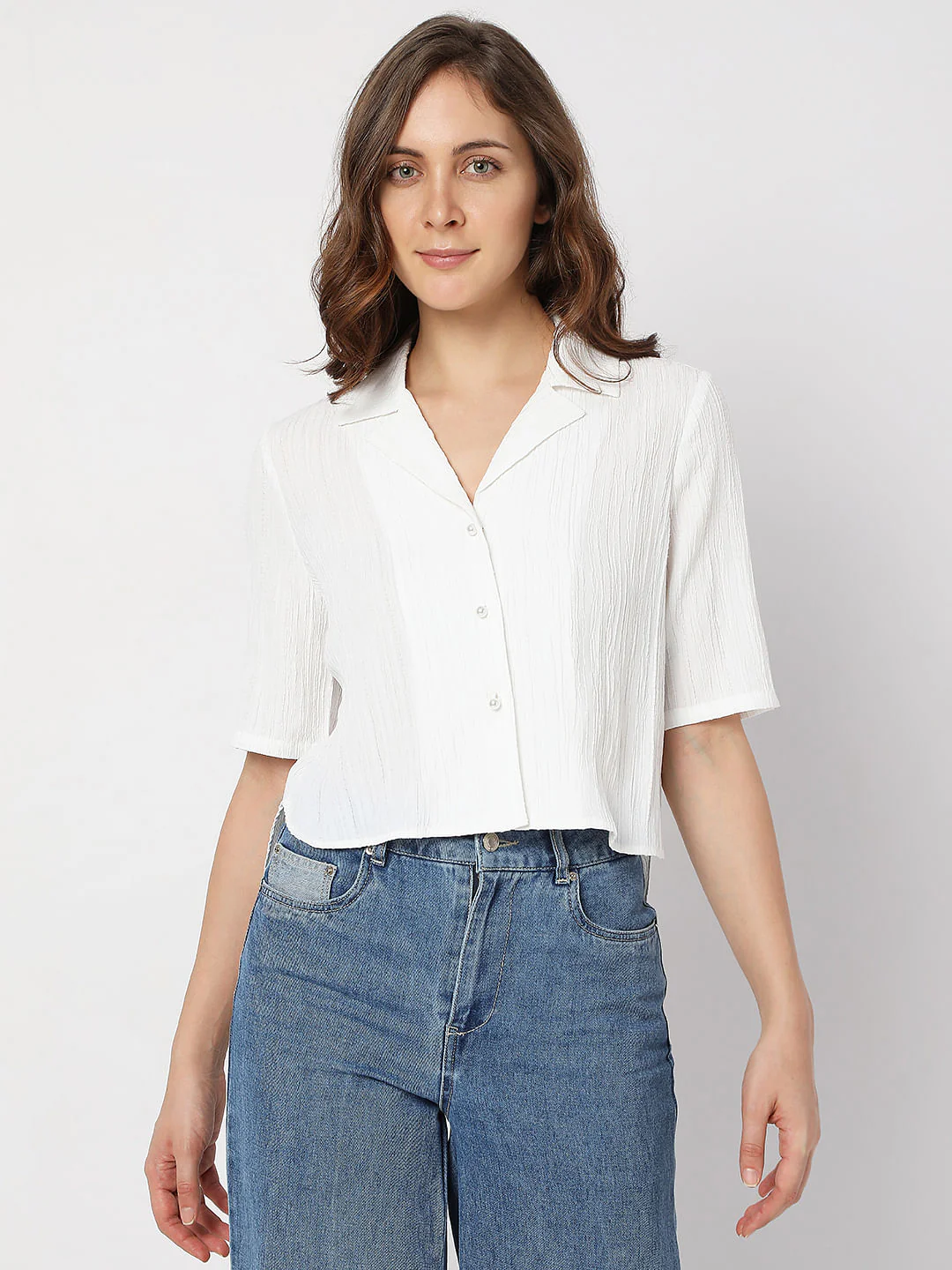 White Textured Crop Shirt - Image 2