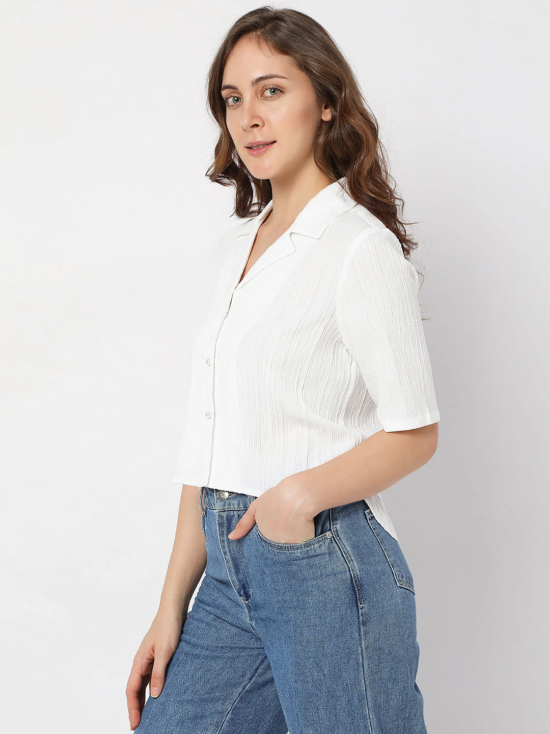 White Textured Crop Shirt - Image 3