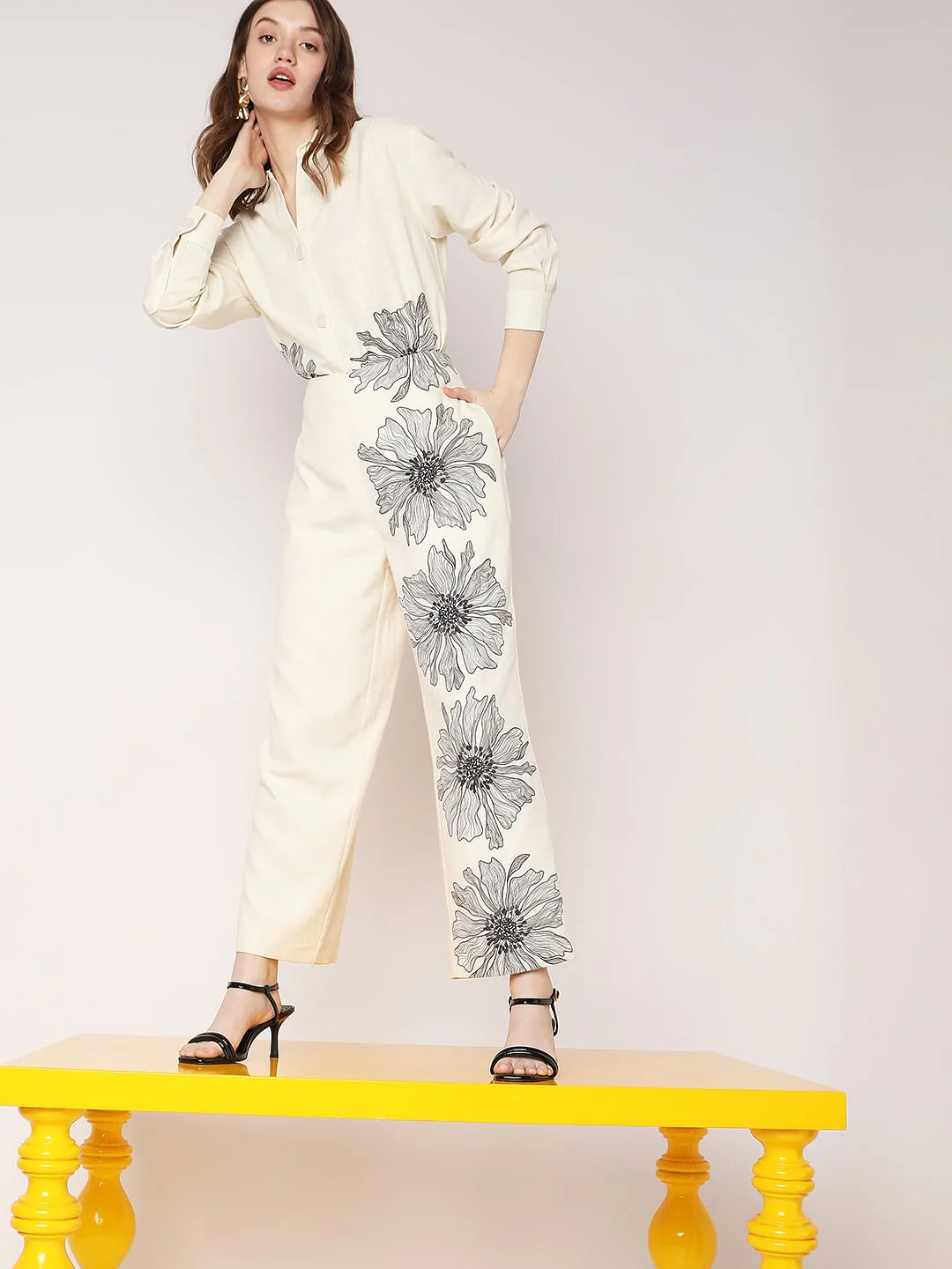 Beige High Rise Floral Co-Ord Pants