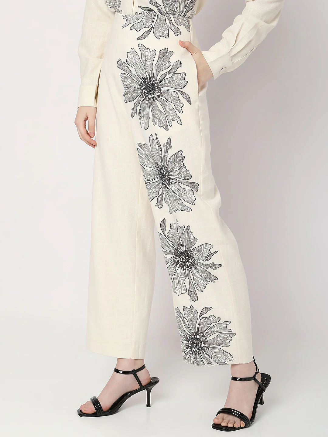 Beige High Rise Floral Co-Ord Pants - Image 3