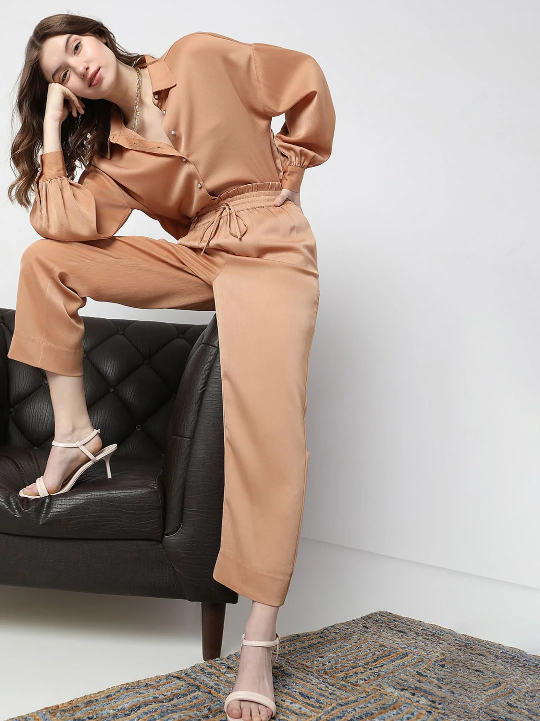 Brown High Rise Wide Leg Satin Co-Ord Set Pants