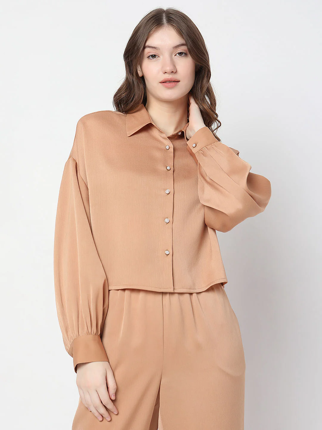 Brown Satin Co-Ord Shirt - Image 2
