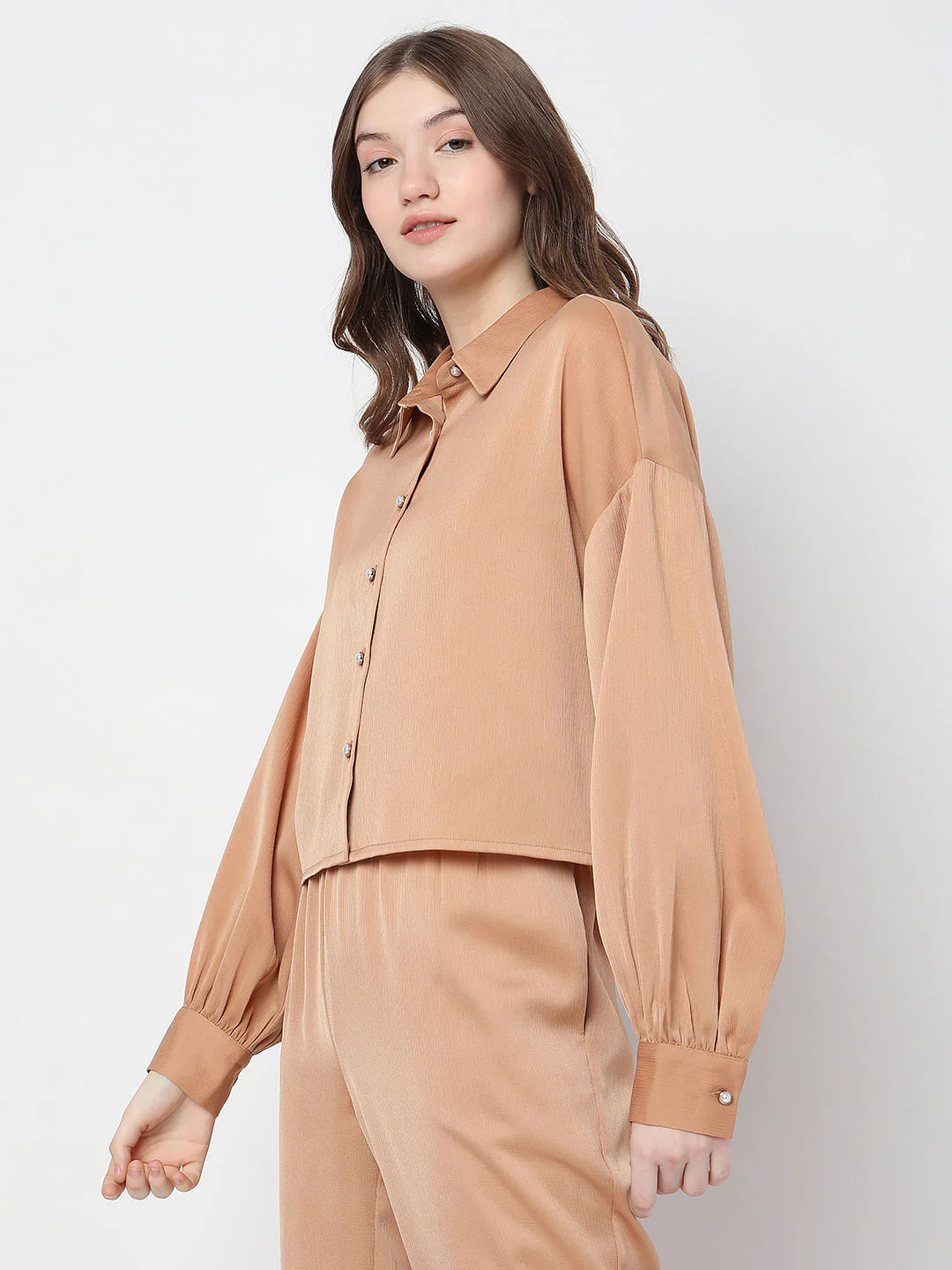 Brown Satin Co-Ord Shirt - Image 3