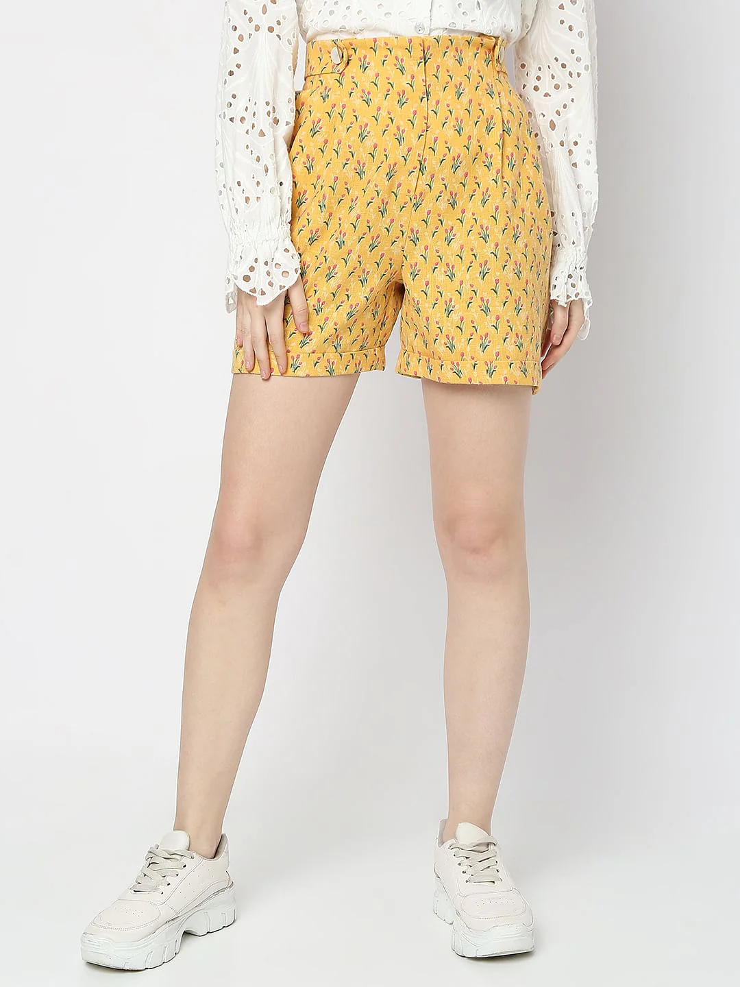 Mustard High Rise Floral Co-Ord Shorts - Image 2