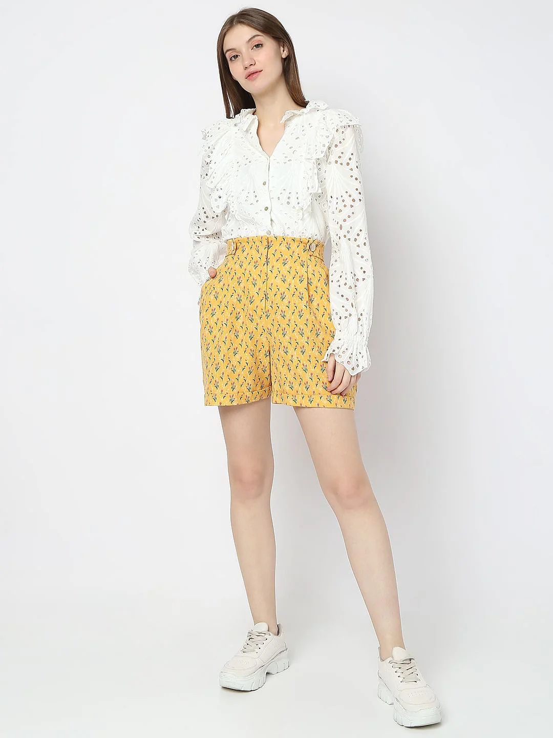 Mustard High Rise Floral Co-Ord Shorts - Image 6