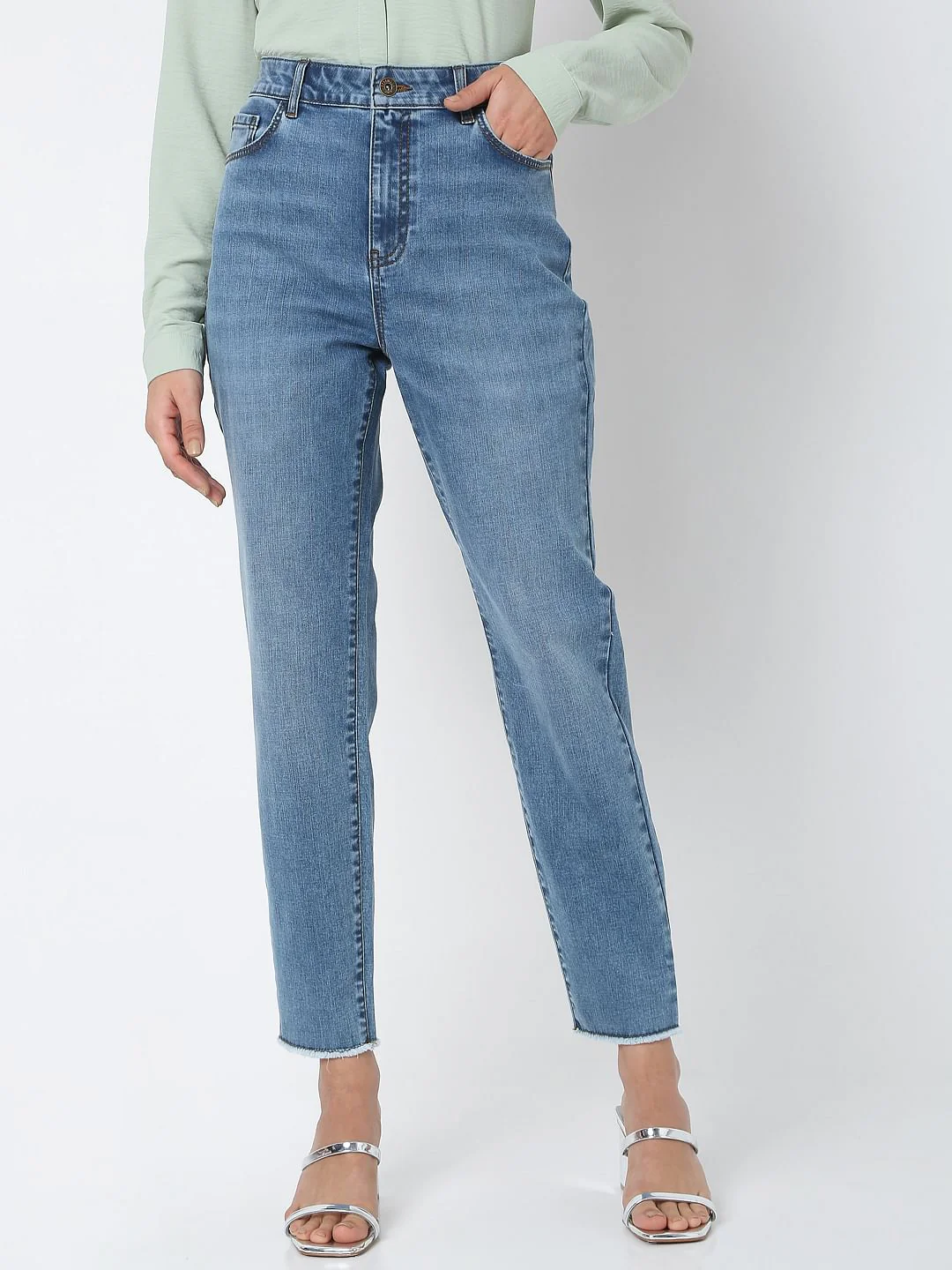 Blue Mid Rise Plain Straight Fit Jeans - Image 2