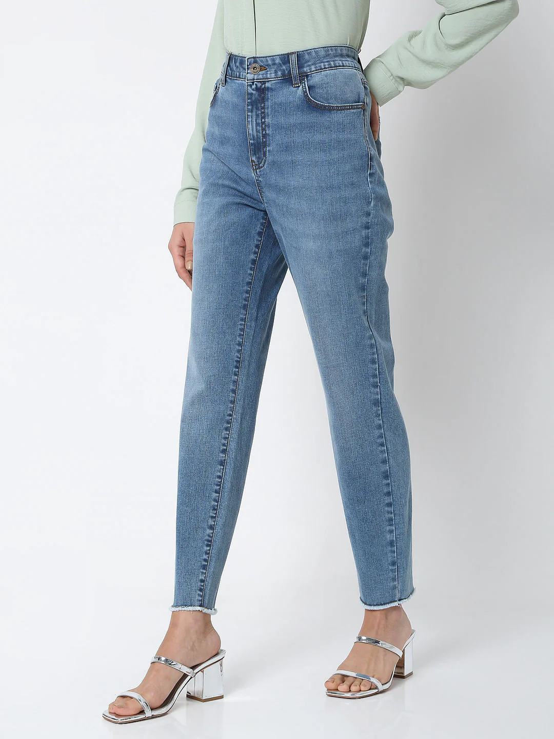 Blue Mid Rise Plain Straight Fit Jeans - Image 3
