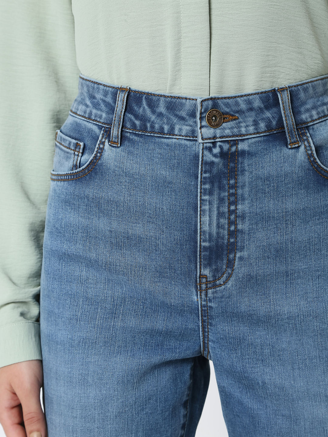 Blue Mid Rise Plain Straight Fit Jeans - Image 5