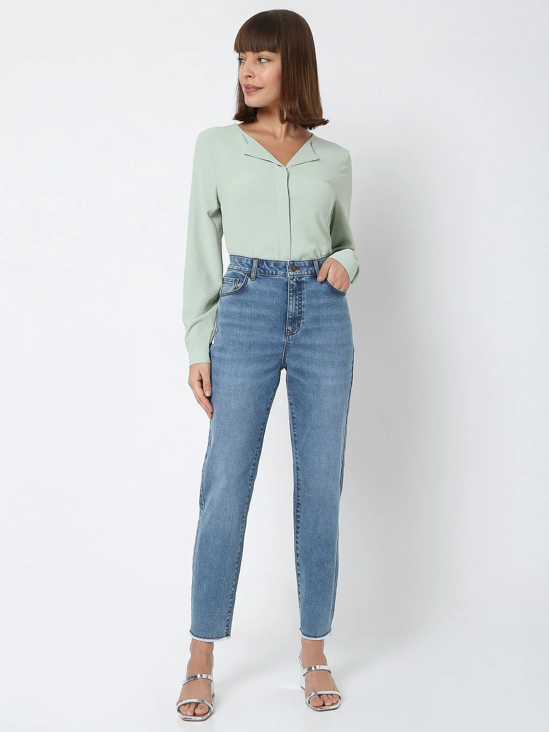 Blue Mid Rise Plain Straight Fit Jeans - Image 6