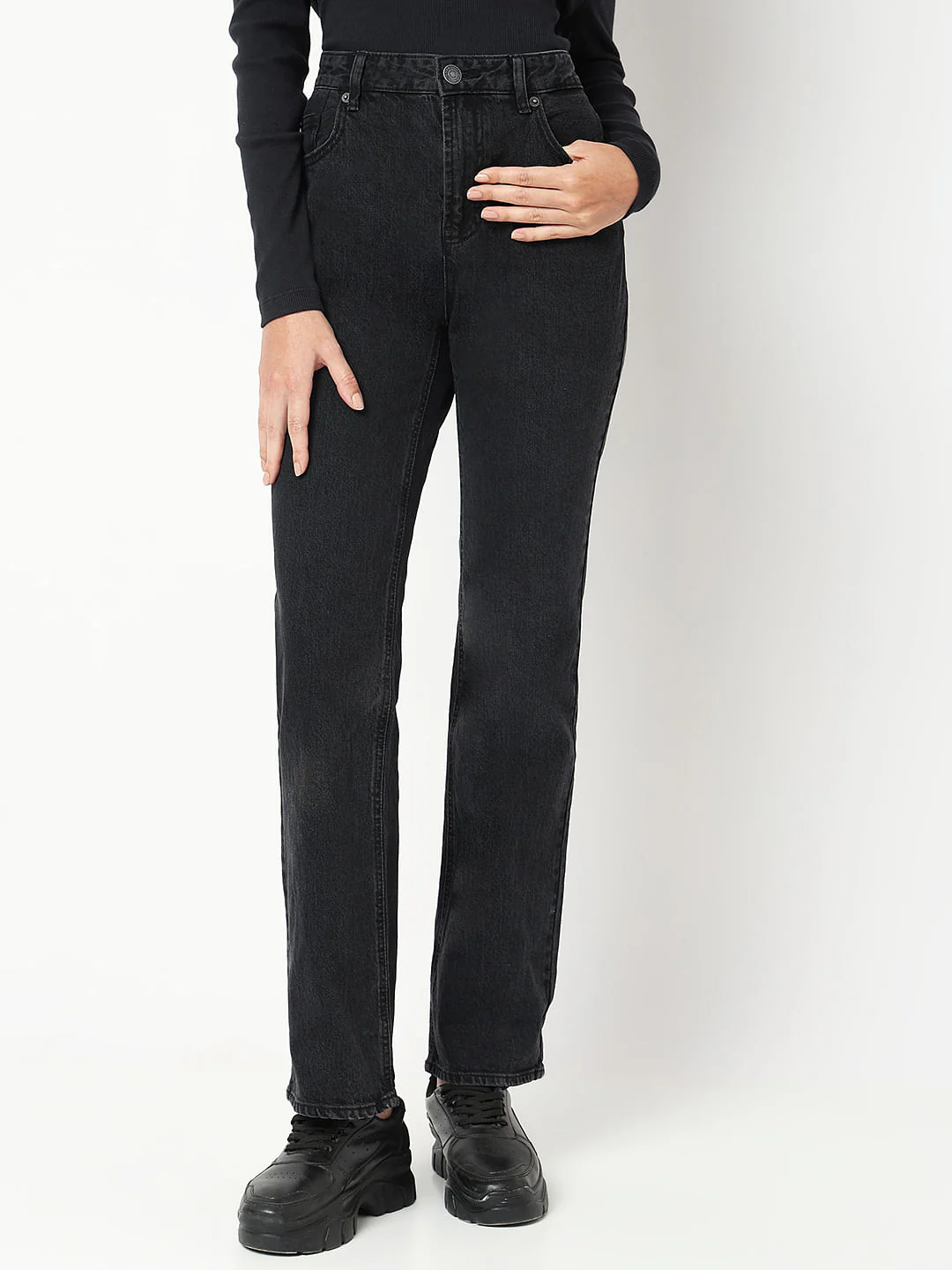 Black High Rise Straight Fit Jeans - Image 2