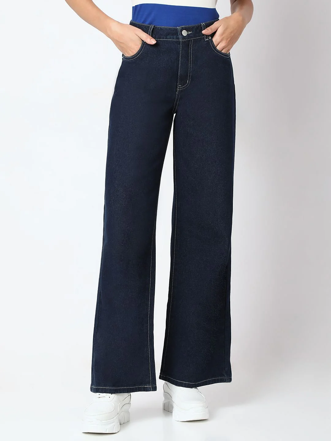 Dark Blue Wide Leg High Rise Jeans - Image 2