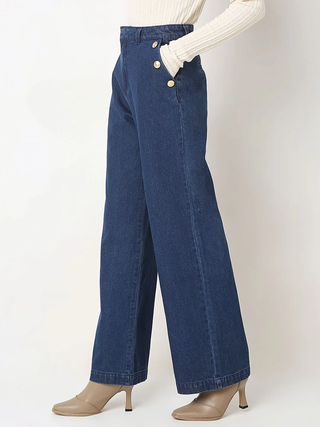 Dark Blue High Rise Wide Leg Jeans - Image 3
