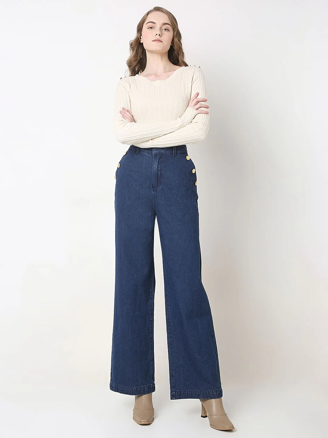 Dark Blue High Rise Wide Leg Jeans - Image 5