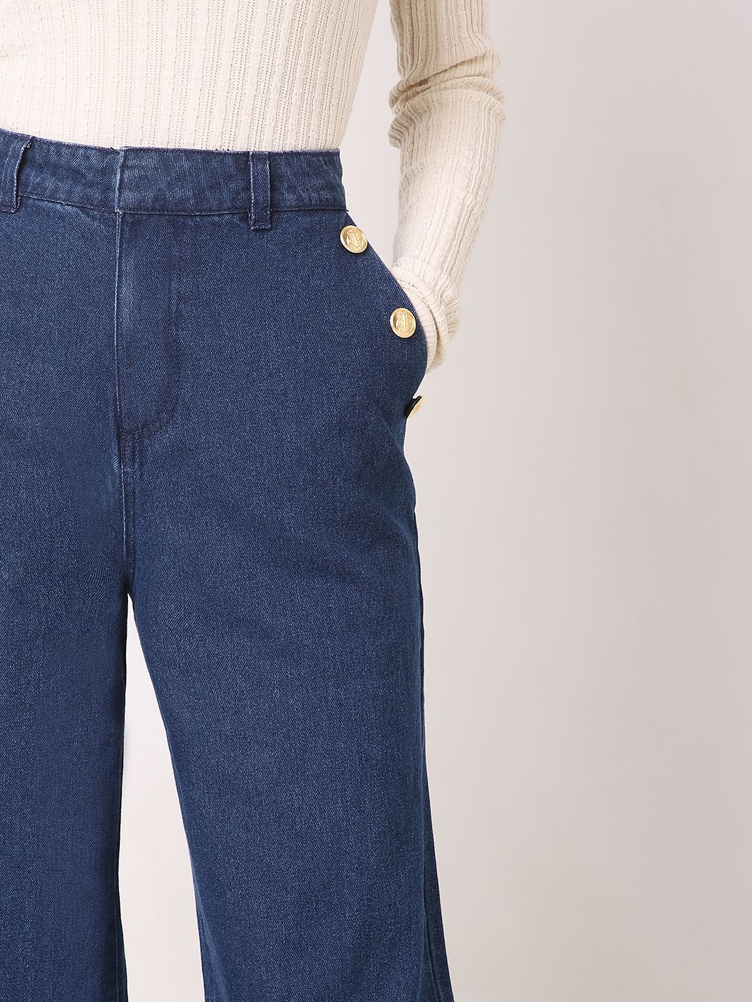Dark Blue High Rise Wide Leg Jeans - Image 6