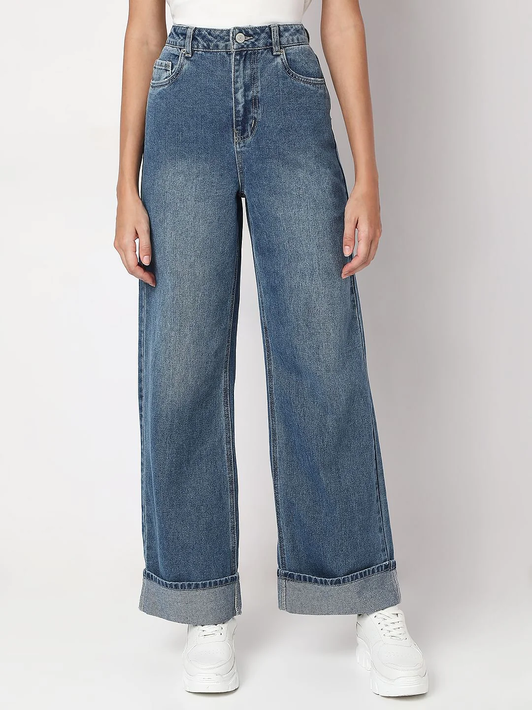Blue Fold Up Hem Wide Leg Jeans - Image 2