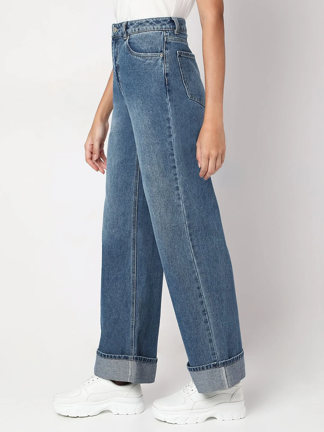 Blue Fold Up Hem Wide Leg Jeans - Image 3