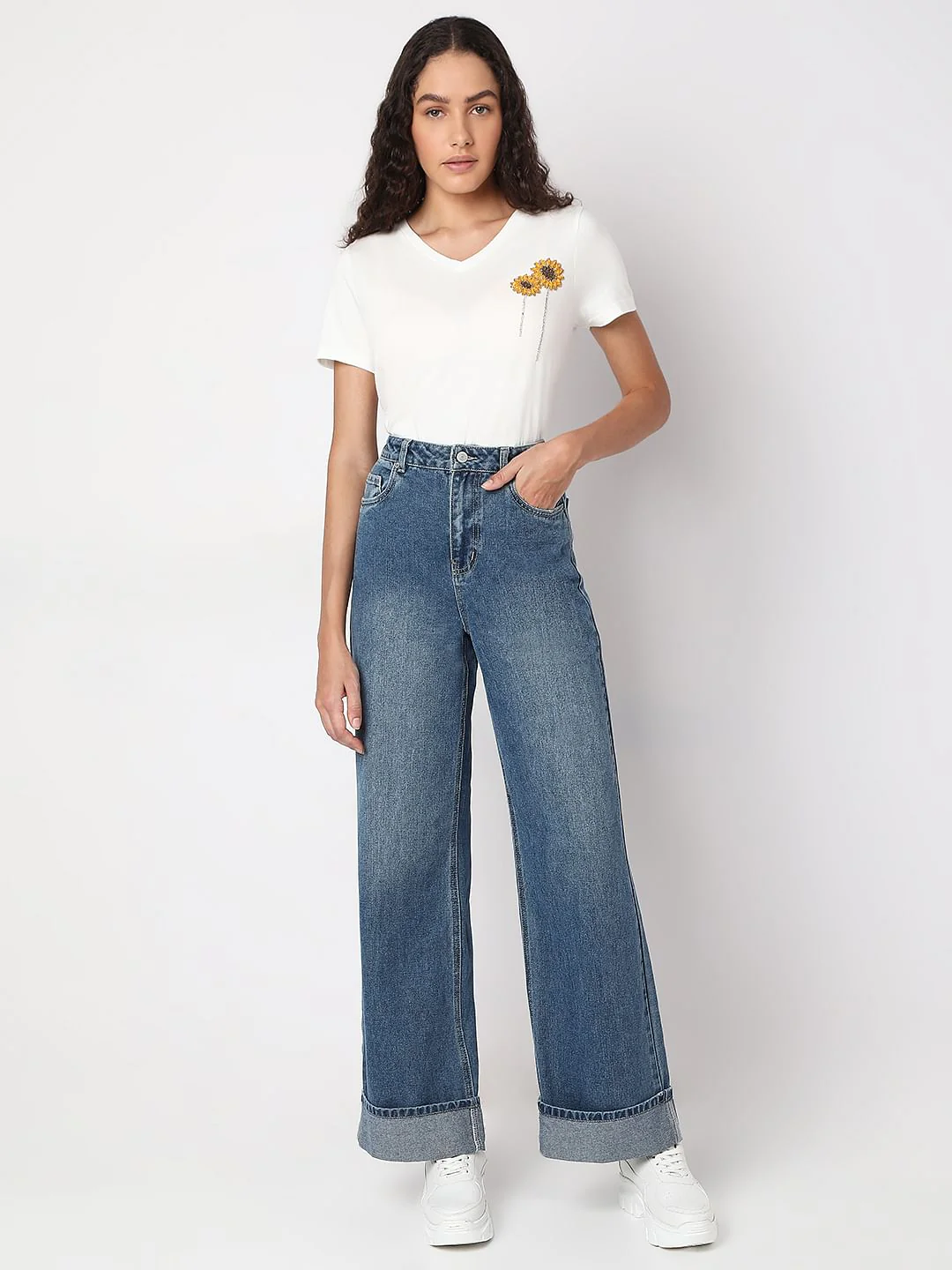 Blue Fold Up Hem Wide Leg Jeans - Image 5