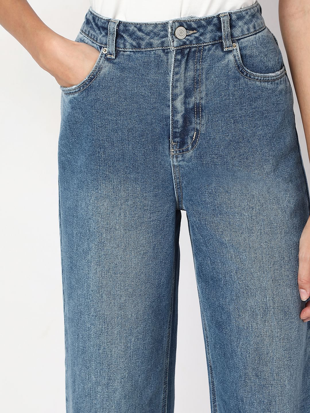 Blue Fold Up Hem Wide Leg Jeans - Image 6