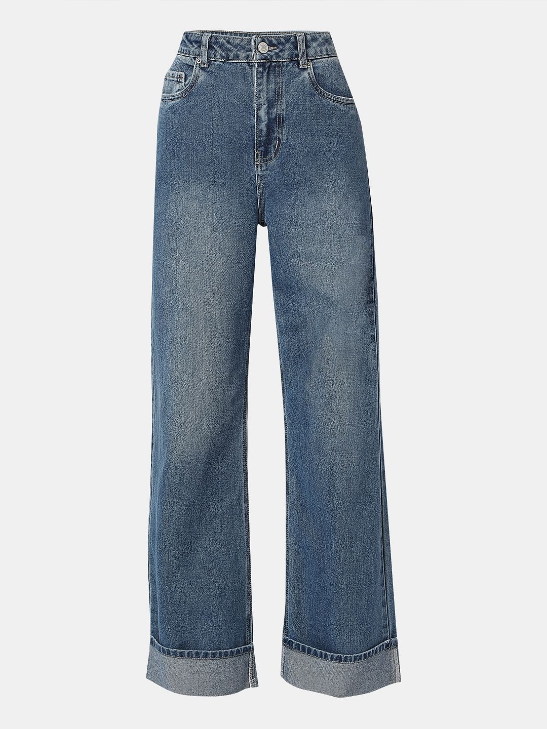 Blue Fold Up Hem Wide Leg Jeans - Image 7