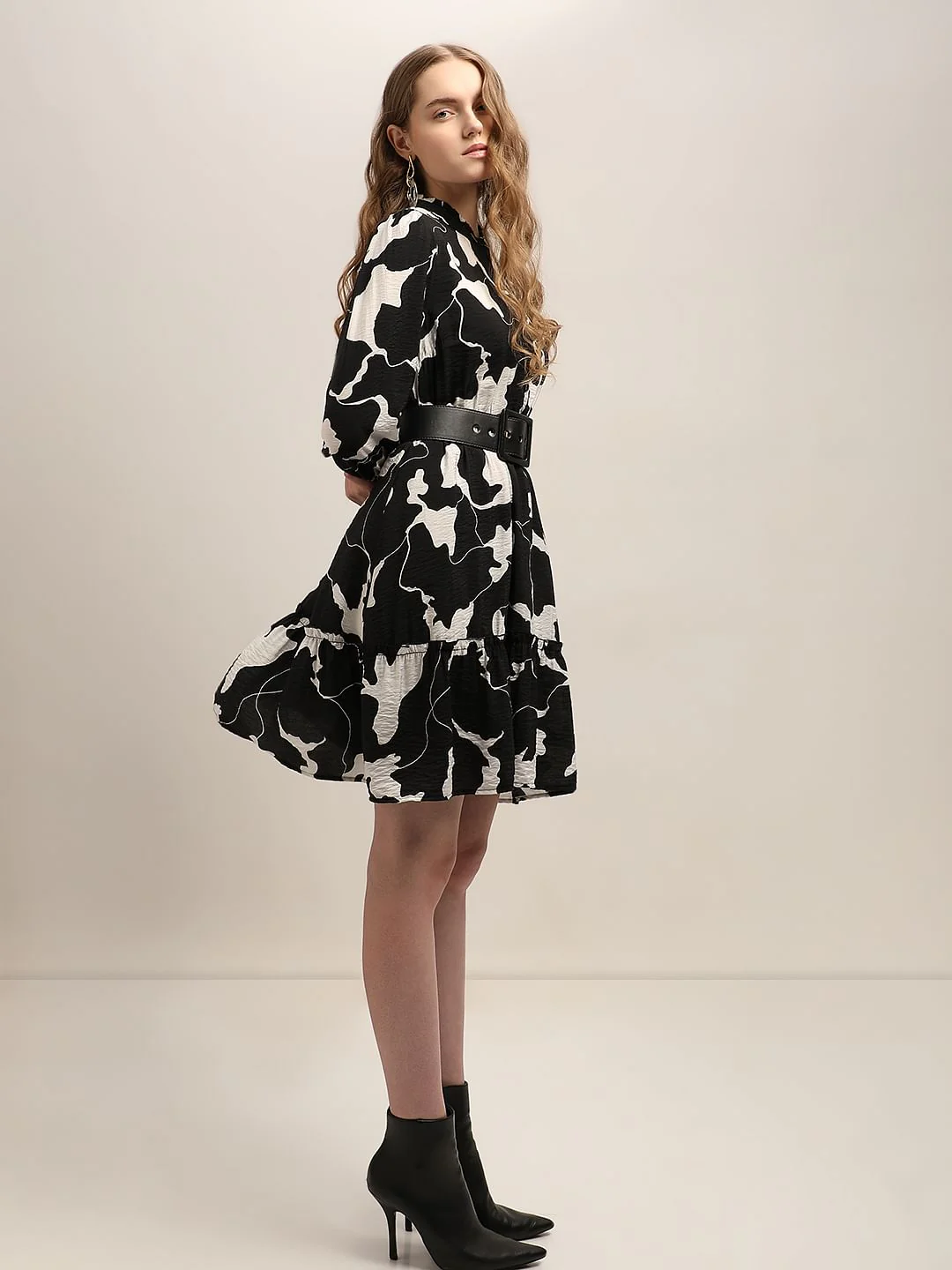 Black Abstract Print Frill Short Dress