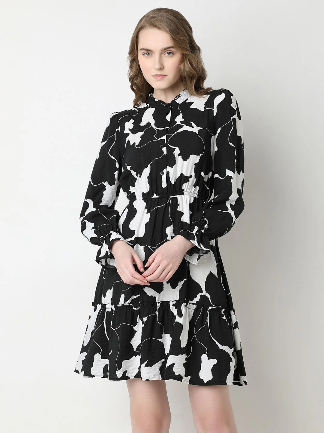 Black Abstract Print Frill Short Dress - Image 2