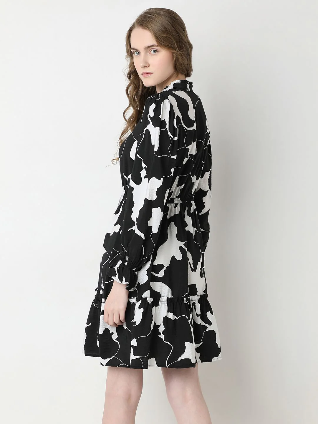 Black Abstract Print Frill Short Dress - Image 4