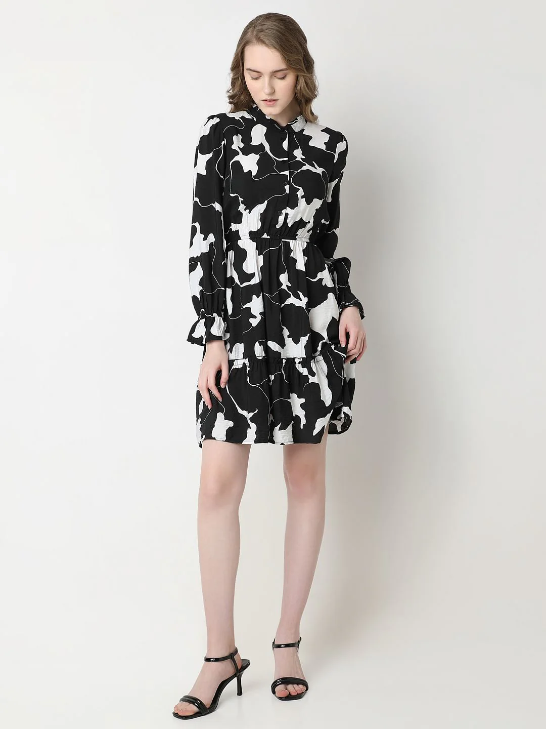 Black Abstract Print Frill Short Dress - Image 5