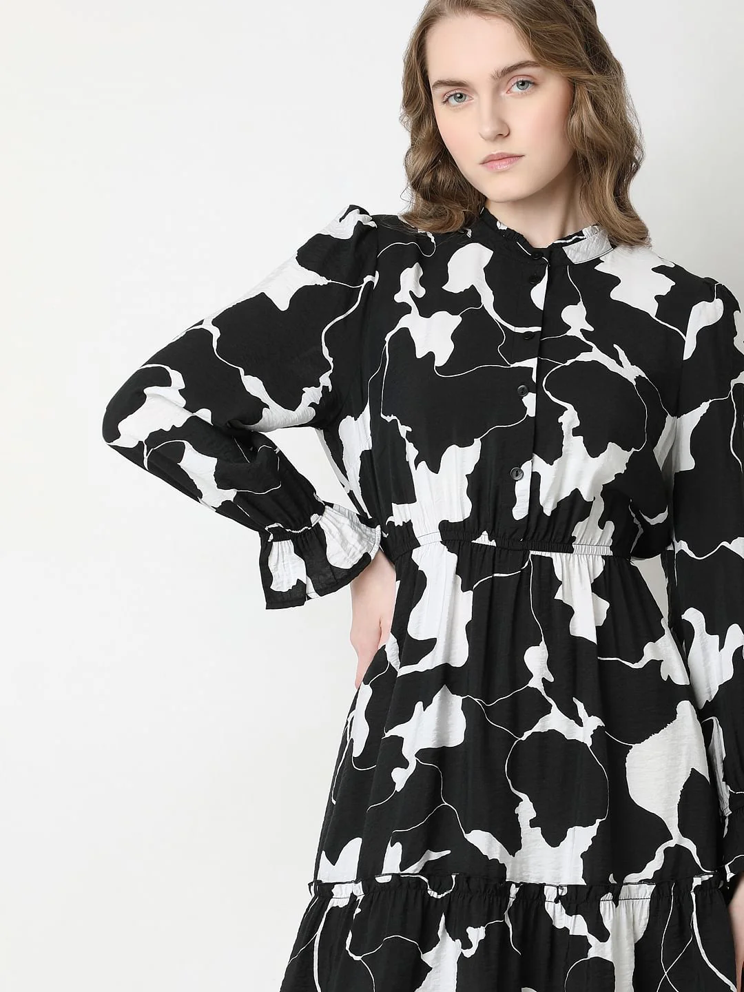 Black Abstract Print Frill Short Dress - Image 6