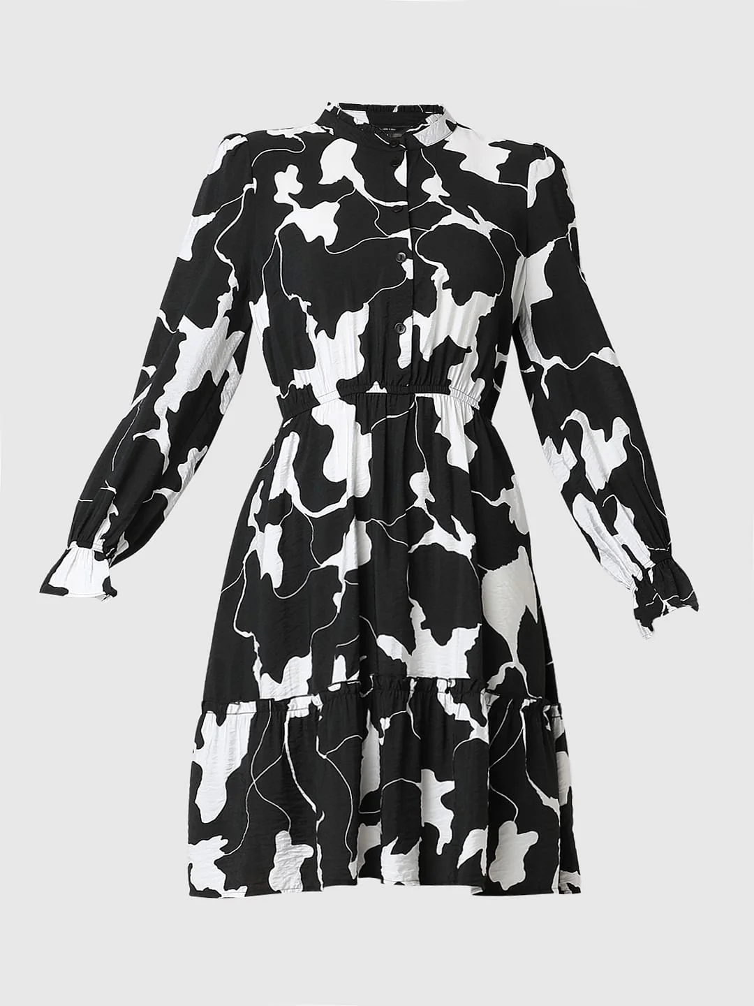 Black Abstract Print Frill Short Dress - Image 7