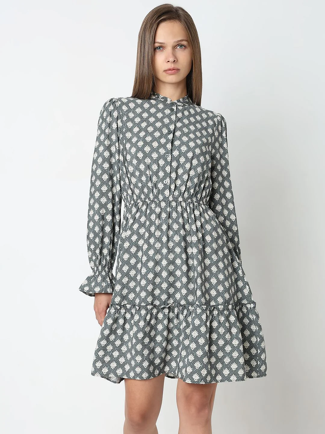 Grey Printed Frill Short Dress - Image 2