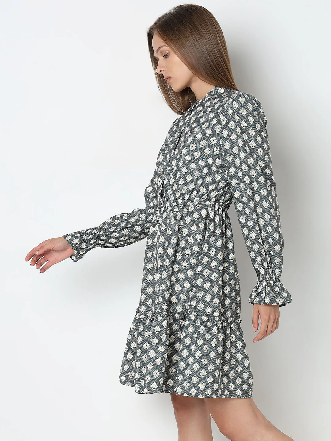 Grey Printed Frill Short Dress - Image 3