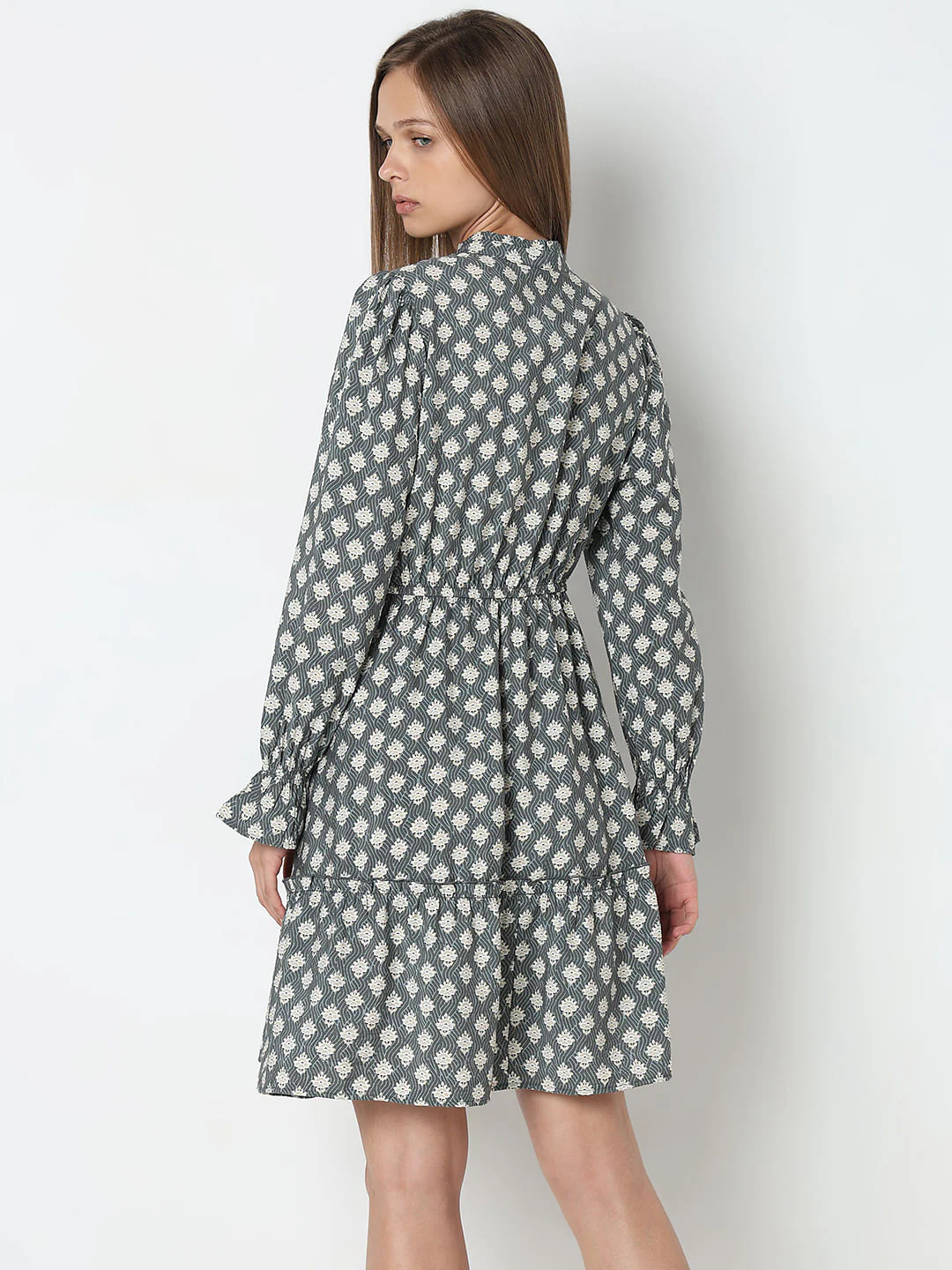 Grey Printed Frill Short Dress - Image 4