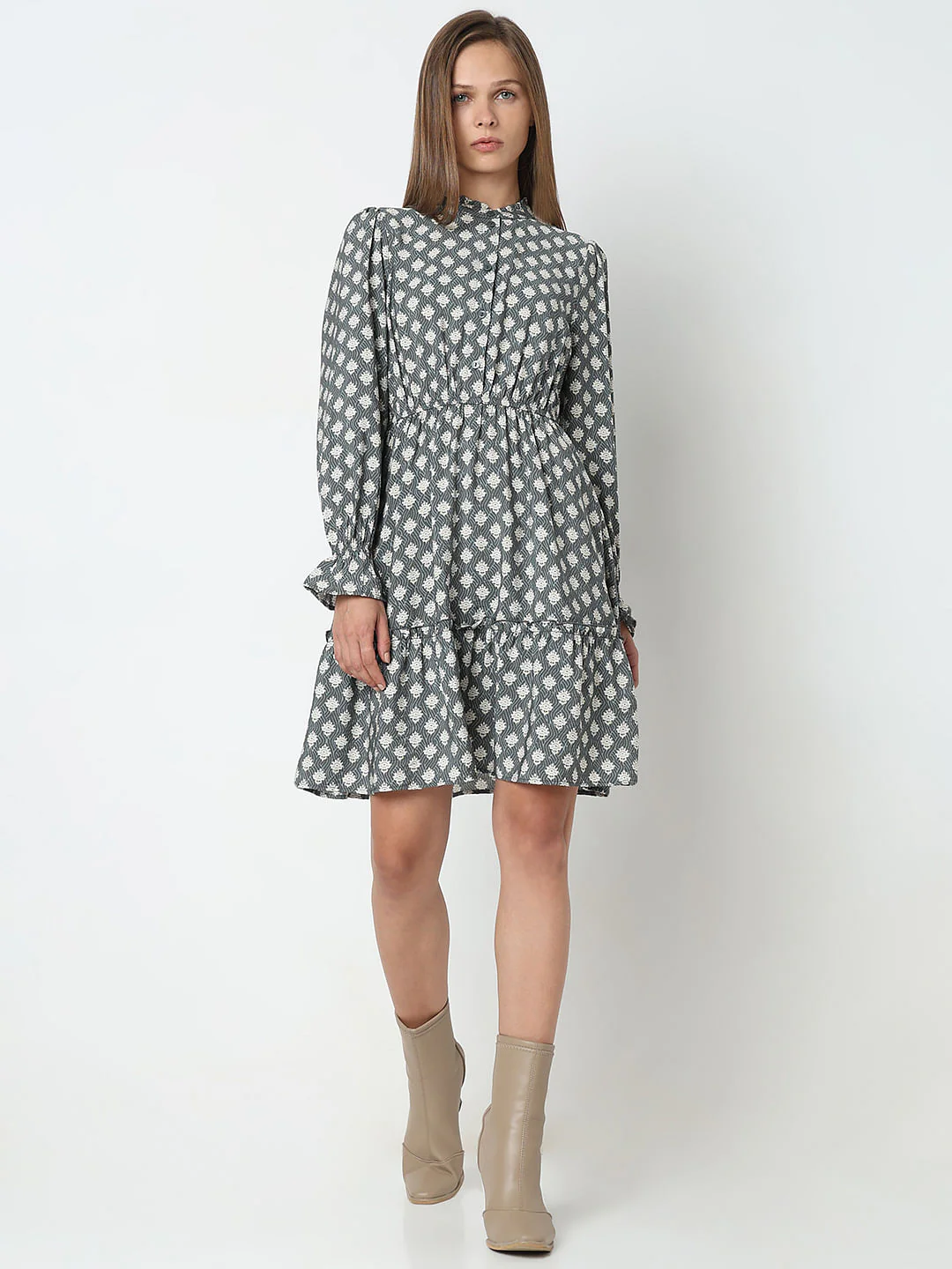 Grey Printed Frill Short Dress - Image 5