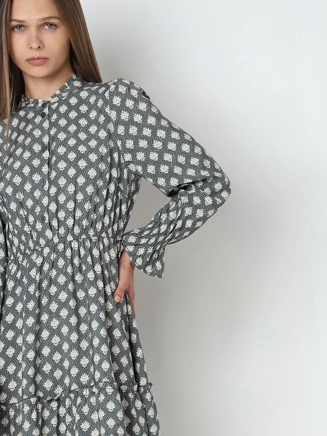 Grey Printed Frill Short Dress - Image 6