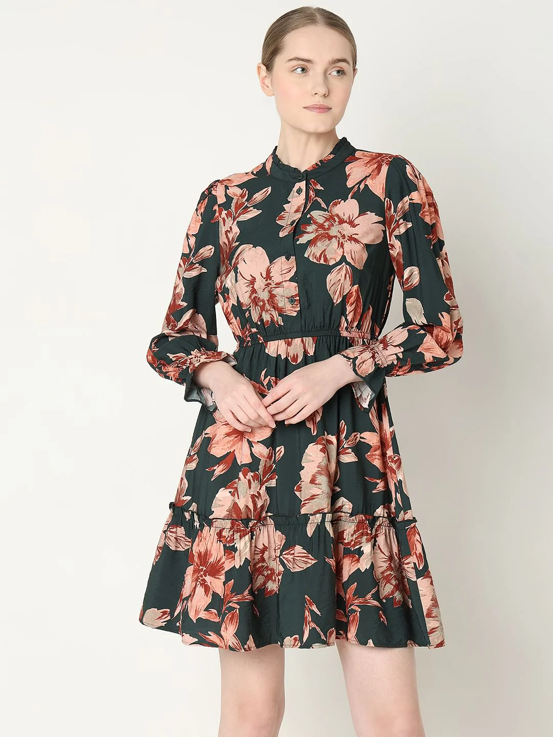 Green Floral Print Short Frill Dress - Image 2