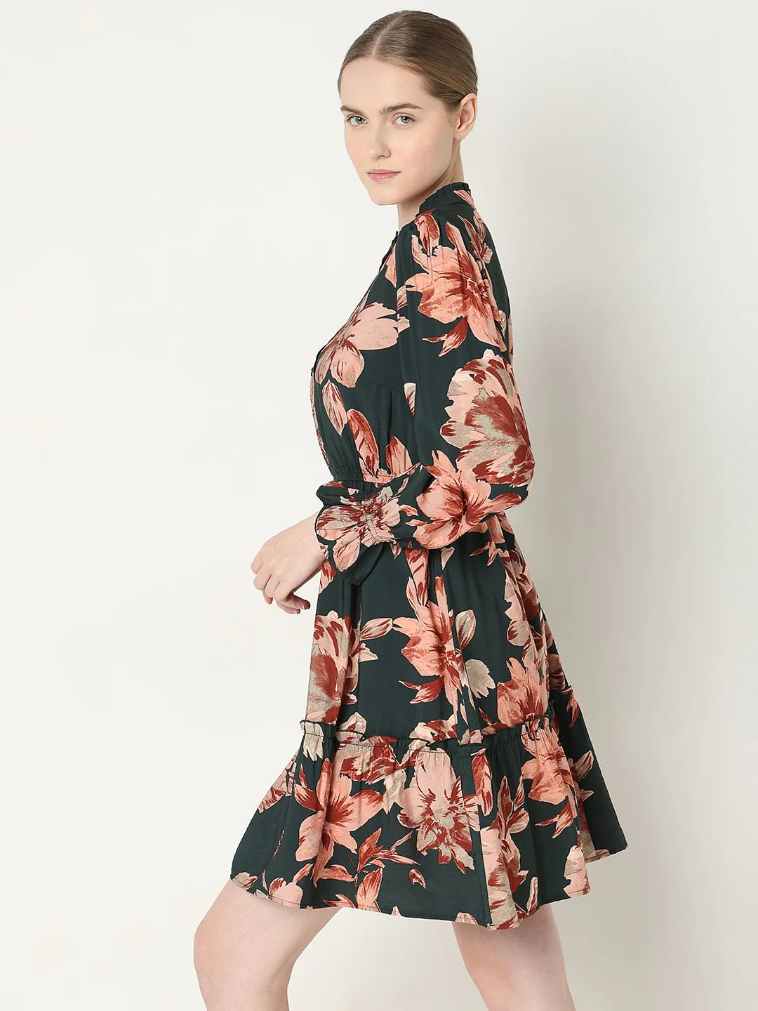 Green Floral Print Short Frill Dress - Image 3